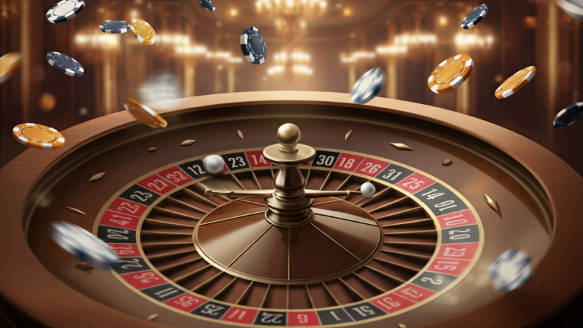 "Feature image of a roulette wheel in motion with vibrant colors, casino chips, and a luxurious casino backdrop."