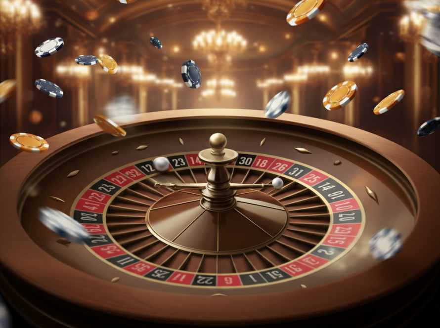 "Feature image of a roulette wheel in motion with vibrant colors, casino chips, and a luxurious casino backdrop."