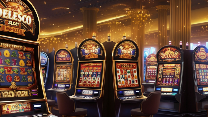 A glamorous casino with multiple slot machines, bright lights, and a luxurious atmosphere.