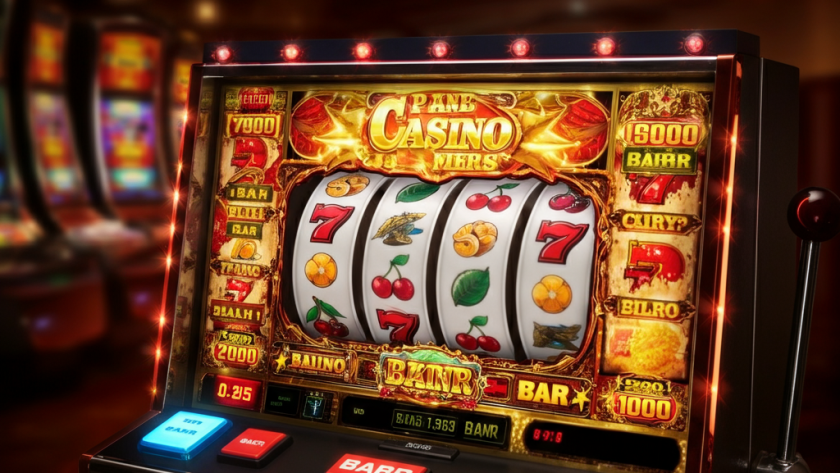 A colorful slot machine with spinning reels displaying symbols like cherries, sevens, and bars in a vibrant casino setting.