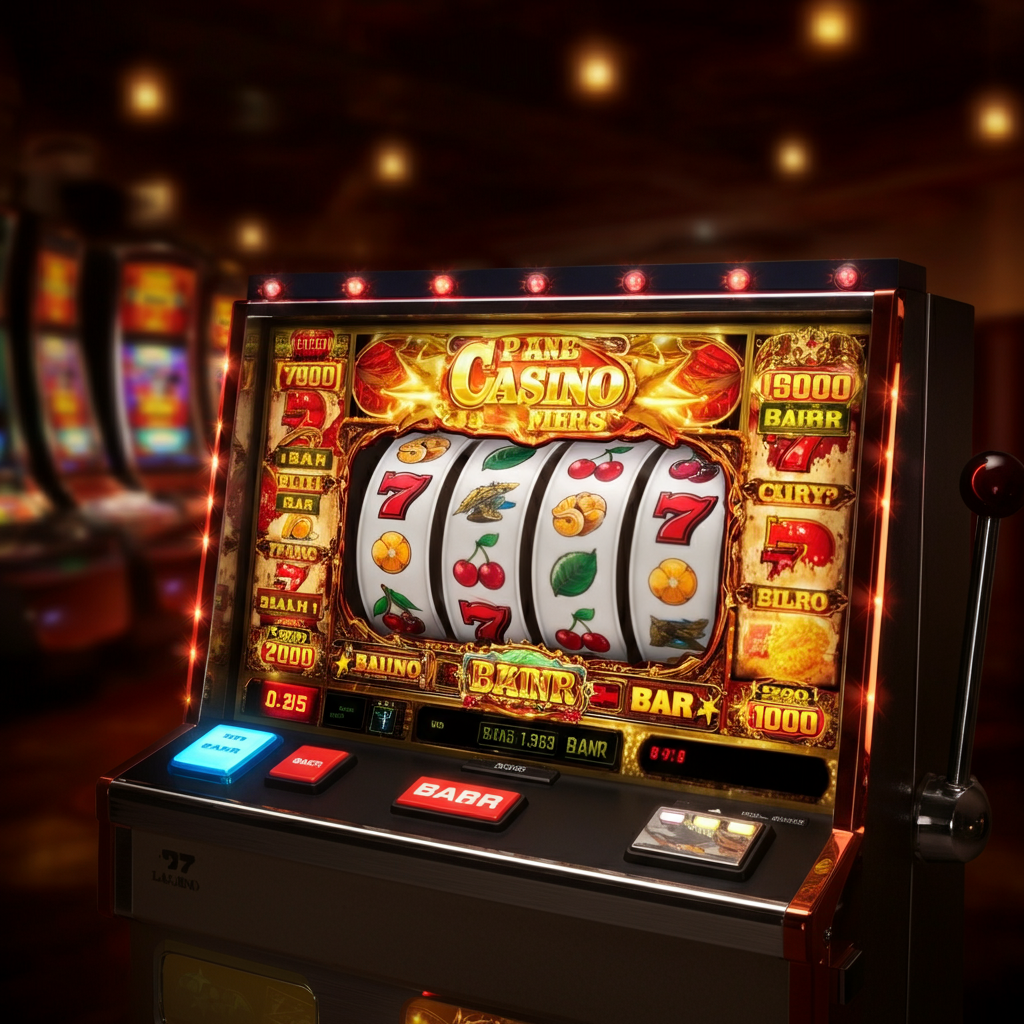  A colorful slot machine with spinning reels displaying symbols like cherries, sevens, and bars in a vibrant casino setting.