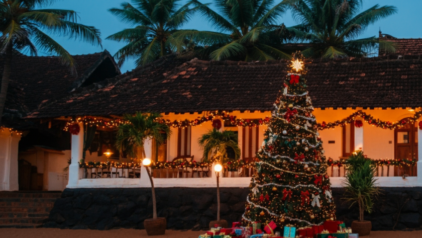 A festive feature image blending Goan beaches, a decorated Christmas tree, and Goan architecture under vibrant lights.