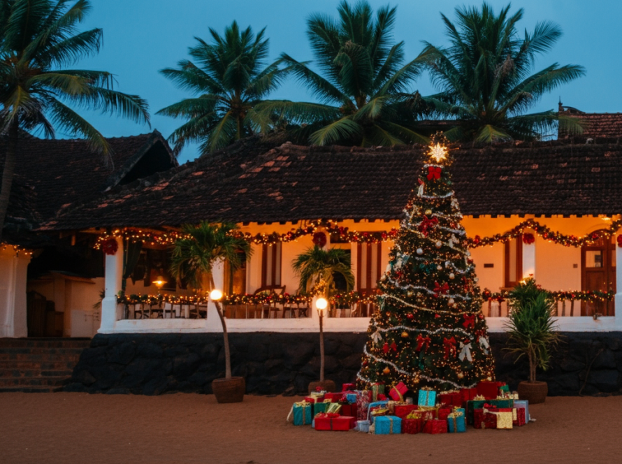 A festive feature image blending Goan beaches, a decorated Christmas tree, and Goan architecture under vibrant lights.