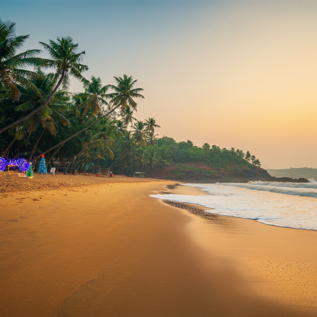 A serene Goan beach during Christmas with a decorated Christmas tree, palm trees, and a colorful sunset.