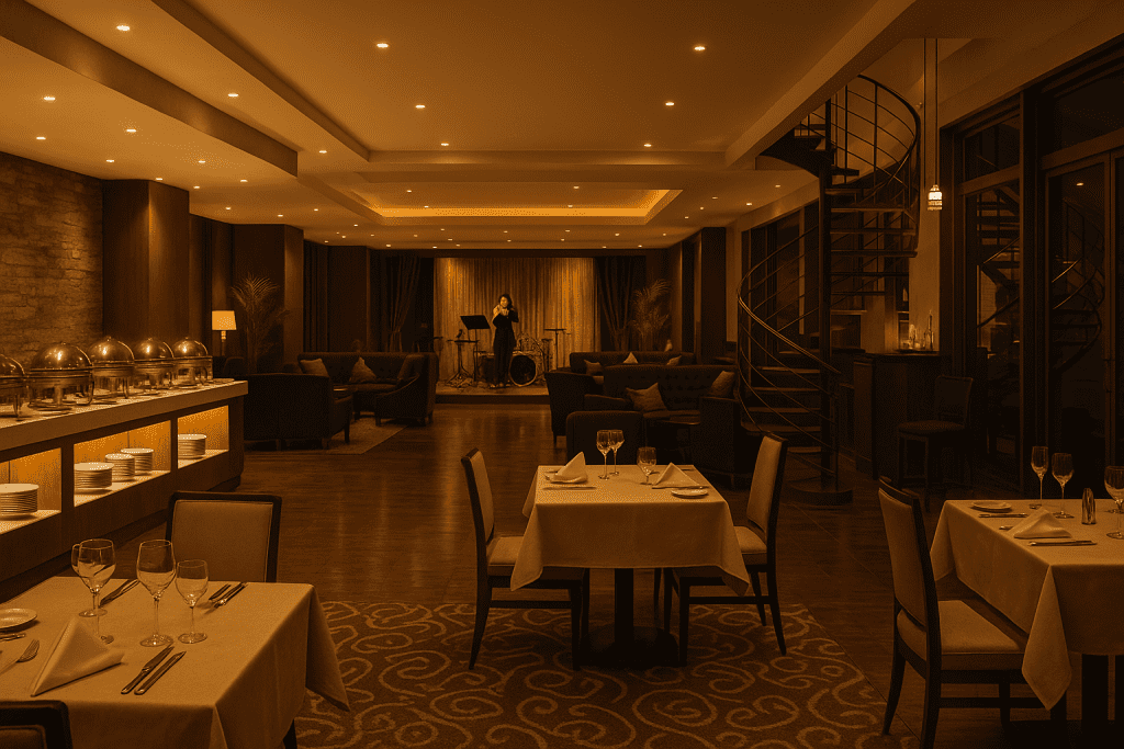 Luxury casino restaurant with buffet, live music, lounge seating, and spiral staircase to rooftop bar.