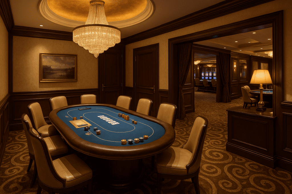 Private VIP casino room with a poker table, leather chairs, chandelier, and view into main gaming area.
