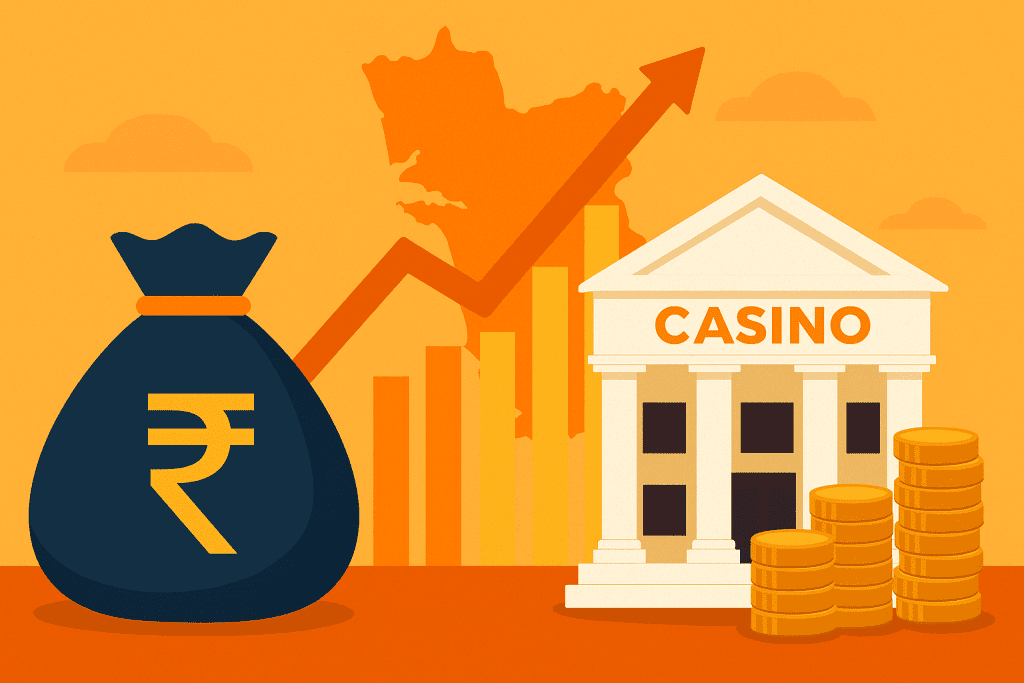 Illustration of casino revenue growth in Goa with rupee bag, bar chart, casino building, and upward arrow.