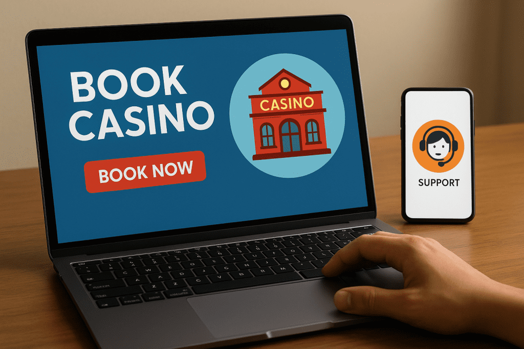Person booking a casino visit online using a laptop, with support icon displayed on a nearby smartphone.