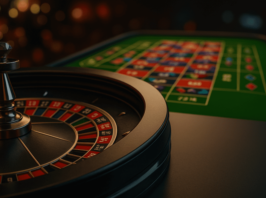 Roulette wheel and betting table in a vibrant casino setting