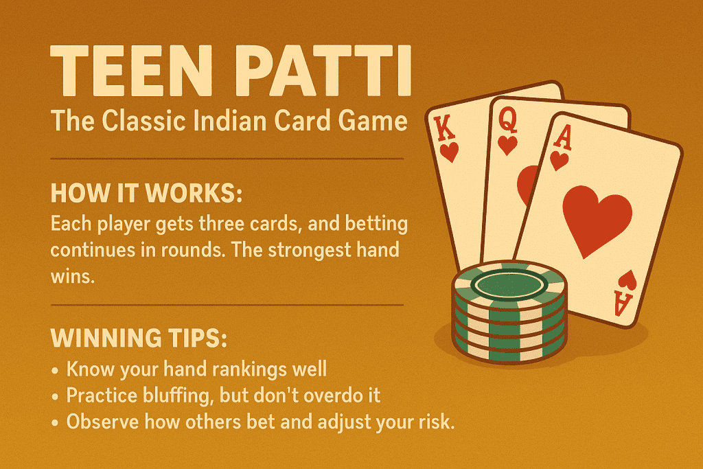 Teen Patti game setup with heart cards and poker chips on a warm background, explaining rules and winning tips
