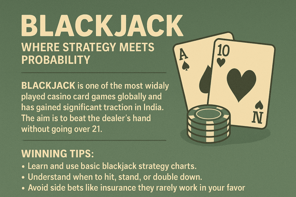 Blackjack cards with poker chips and strategy tips on a green background