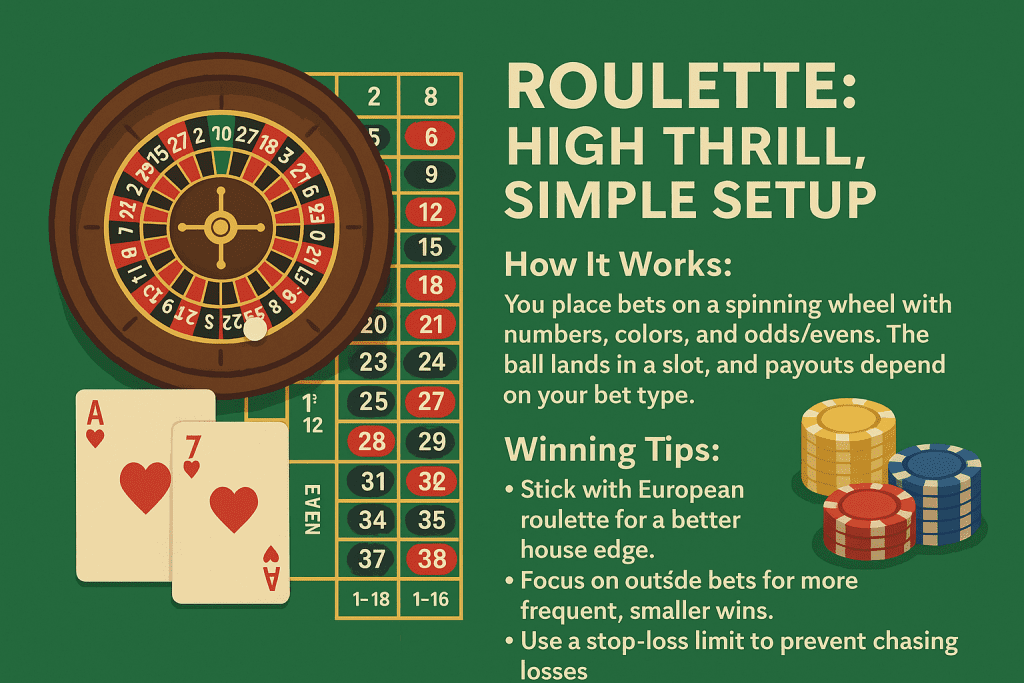 Roulette wheel and table layout with betting chips and gameplay tips on a green background