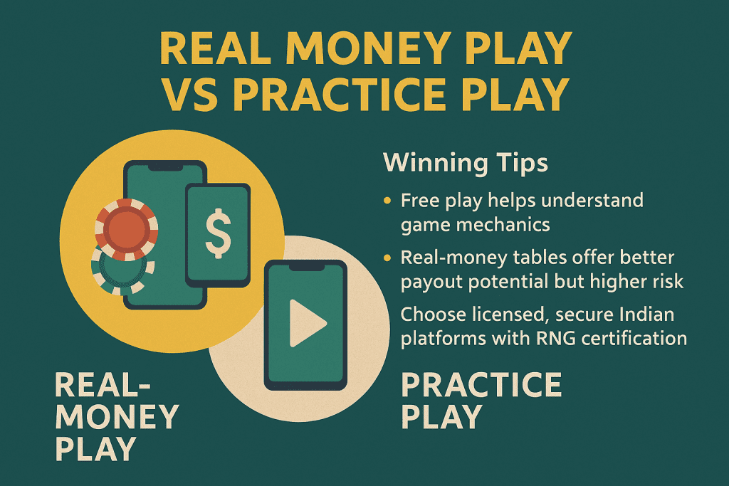 Real Money vs Practice Play graphic with mobile icons, chips, and gaming tips on a teal background