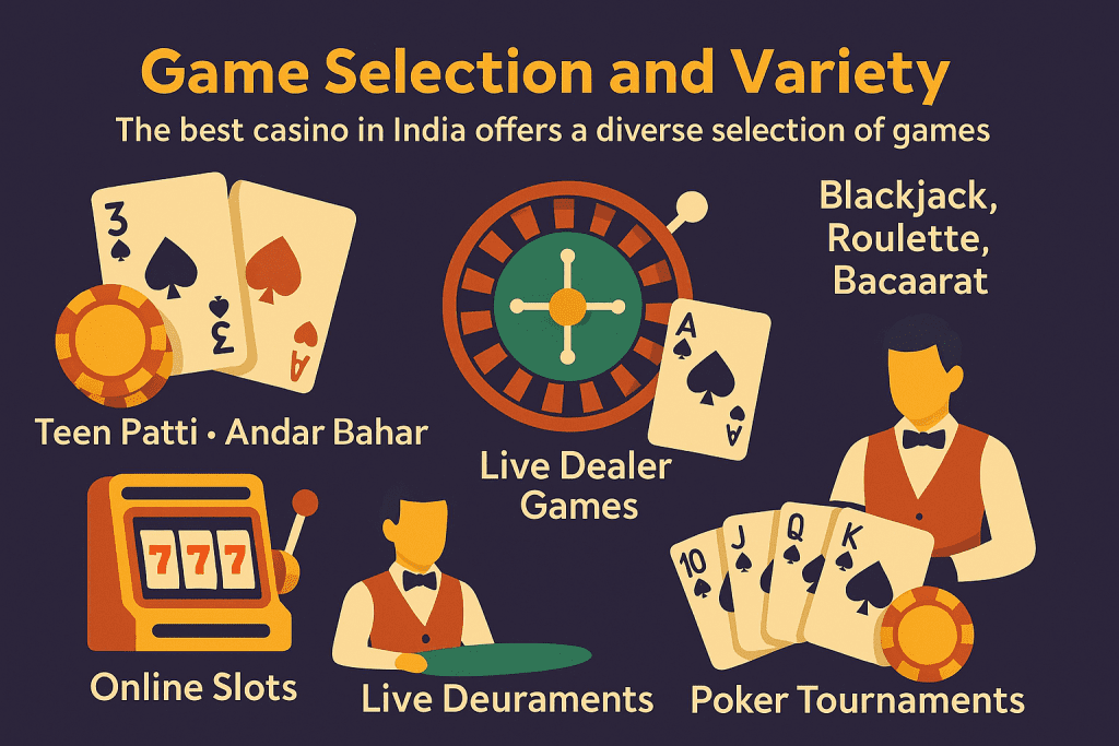 Casino India games infographic with Teen Patti, slots, and live poker