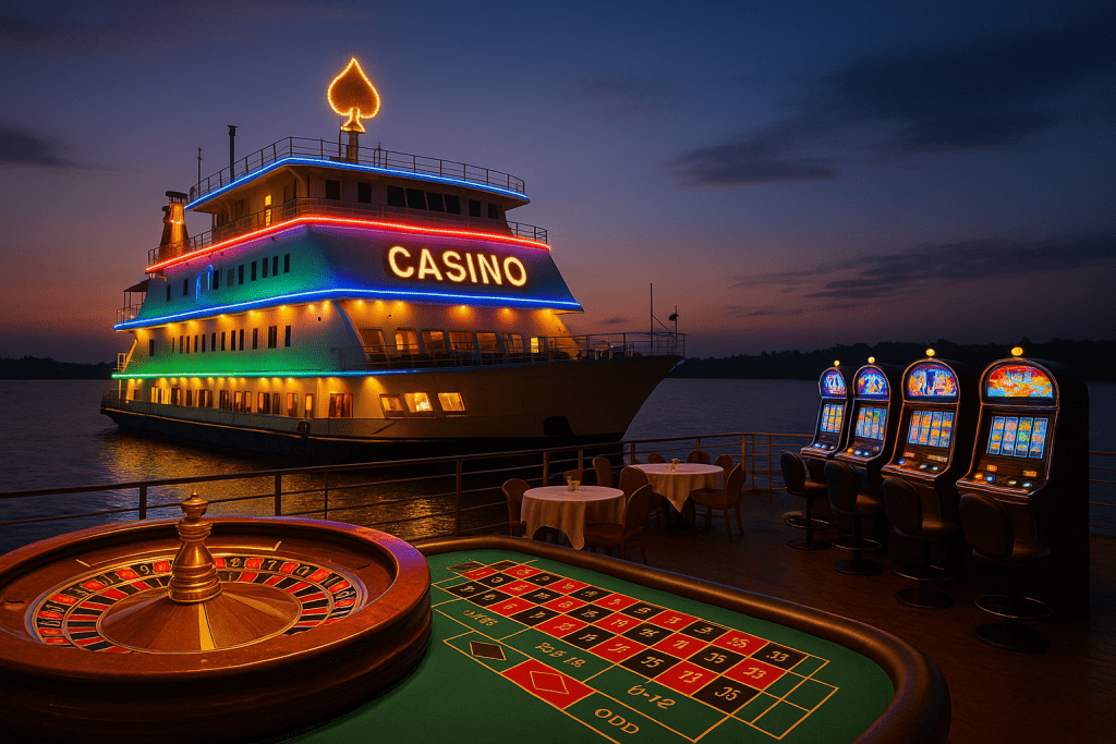Offshore casino ship with gaming deck at sunset.









