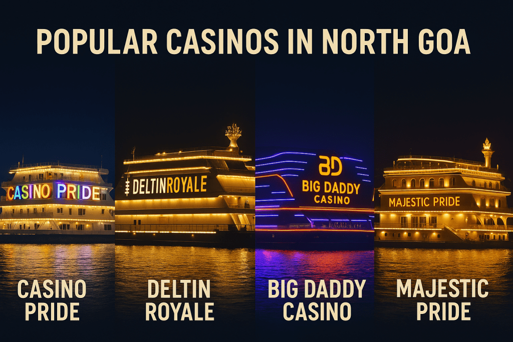 Popular casinos in North Goa – Casino Pride, Deltin Royale, Big Daddy Casino, Majestic Pride lit up at night